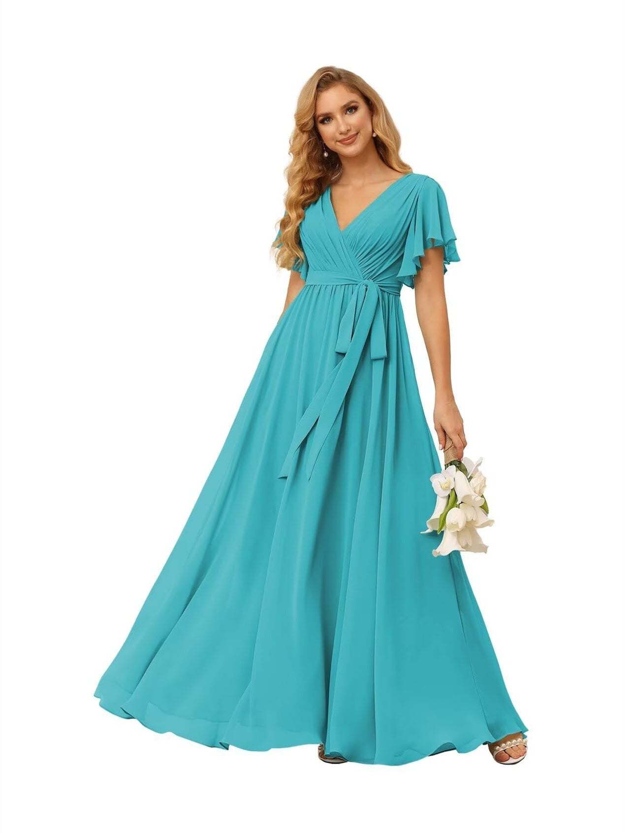Chiffon Floor-Length A-Line Bridesmaid Dress with V Neck, Short Sleeves, and Ruffled Bows