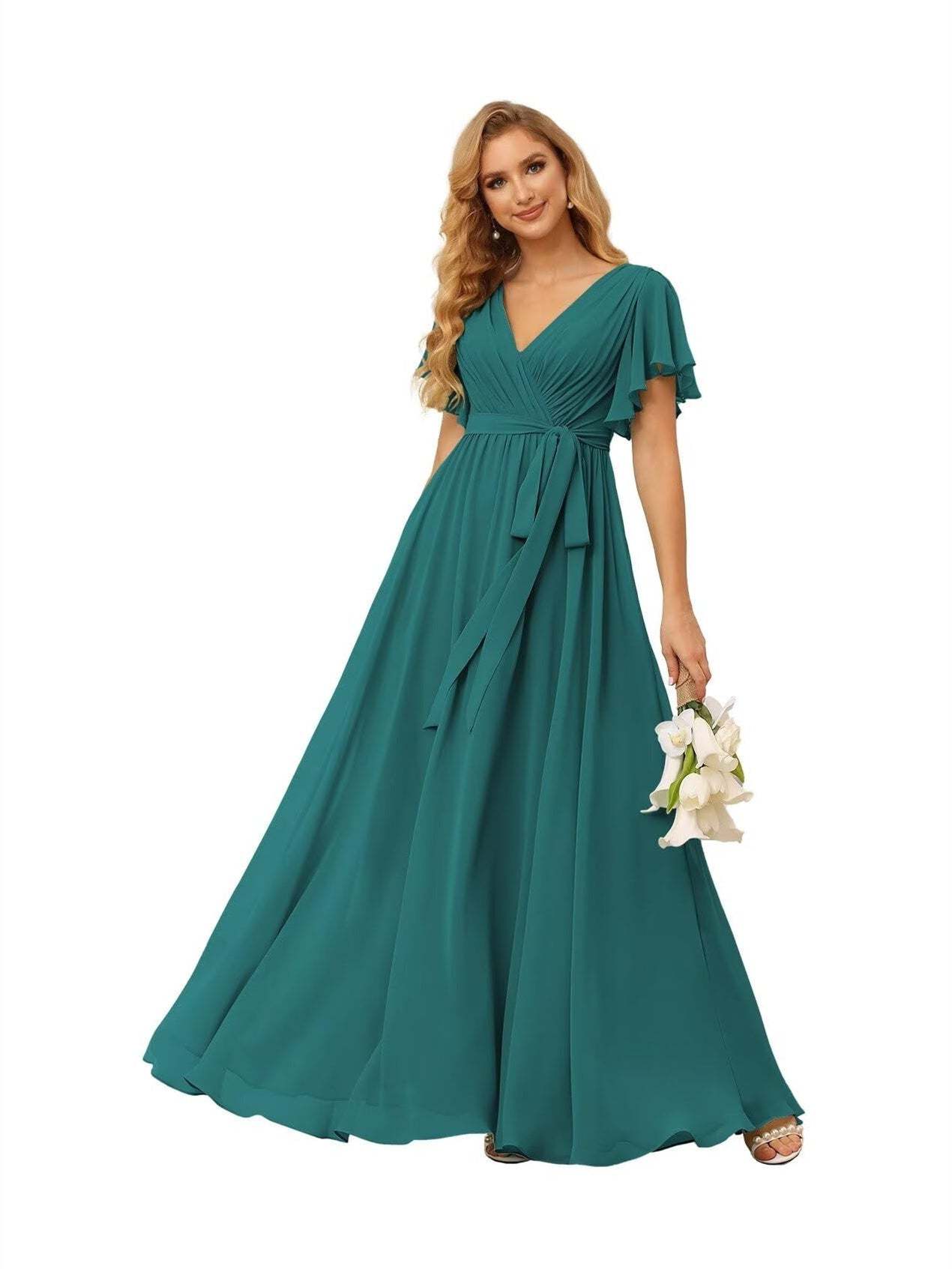 Chiffon Floor-Length A-Line Bridesmaid Dress with V Neck, Short Sleeves, and Ruffled Bows