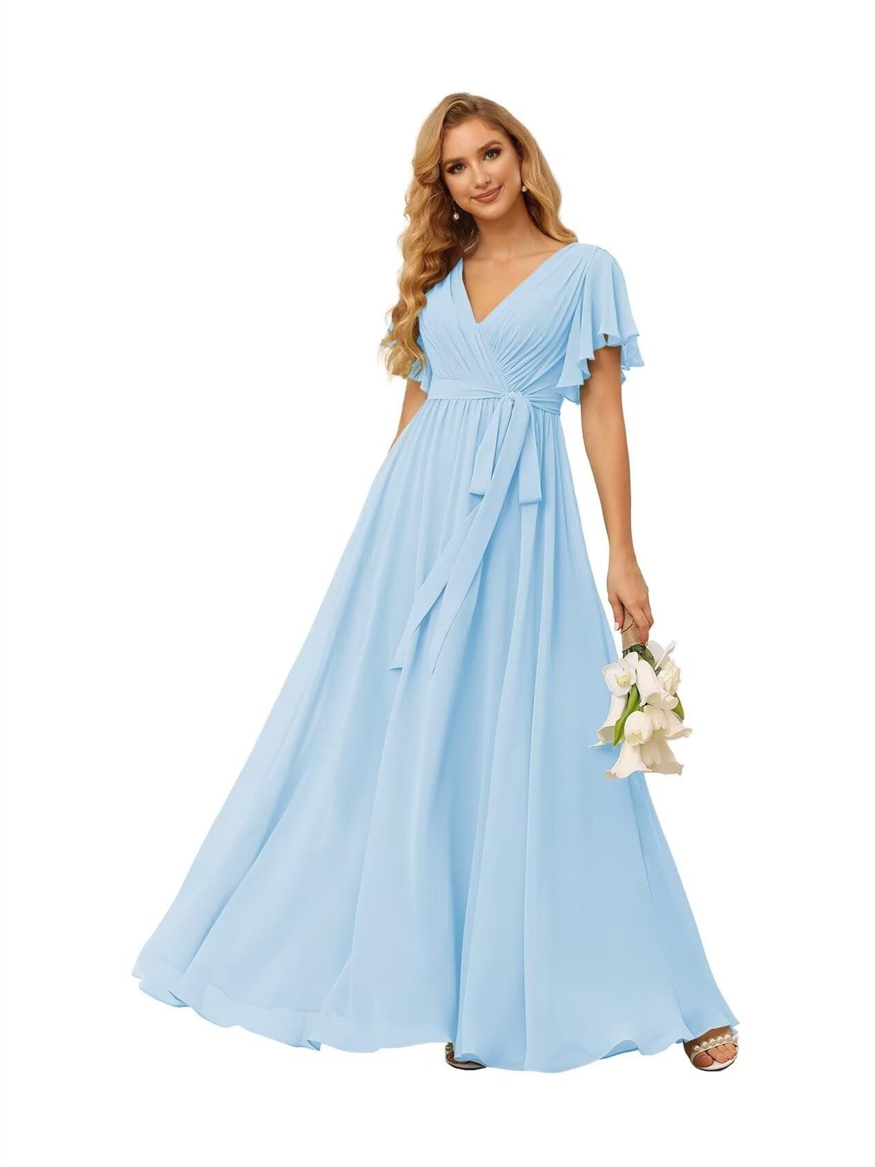 Chiffon Floor-Length A-Line Bridesmaid Dress with V Neck, Short Sleeves, and Ruffled Bows