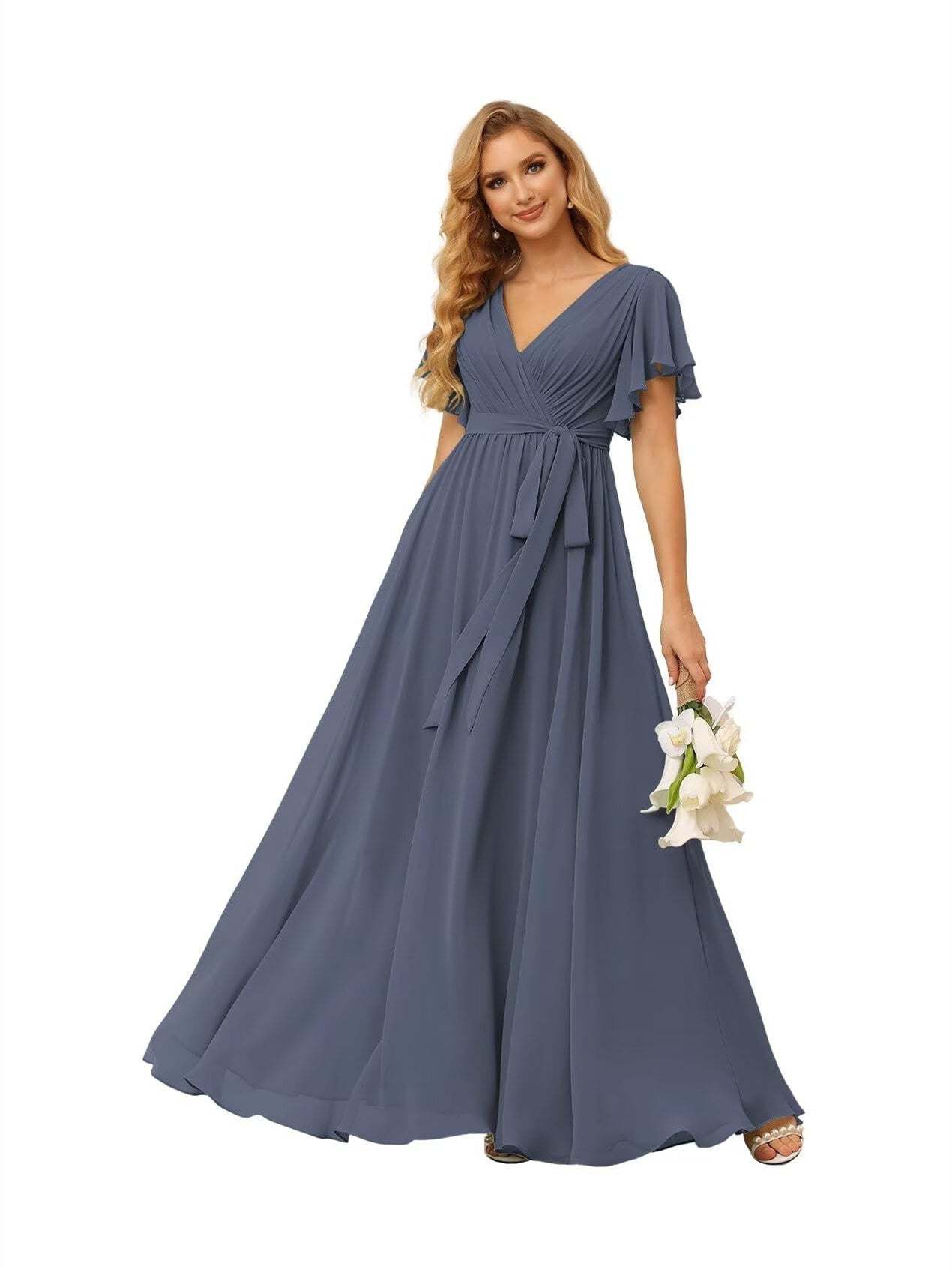 Chiffon Floor-Length A-Line Bridesmaid Dress with V Neck, Short Sleeves, and Ruffled Bows