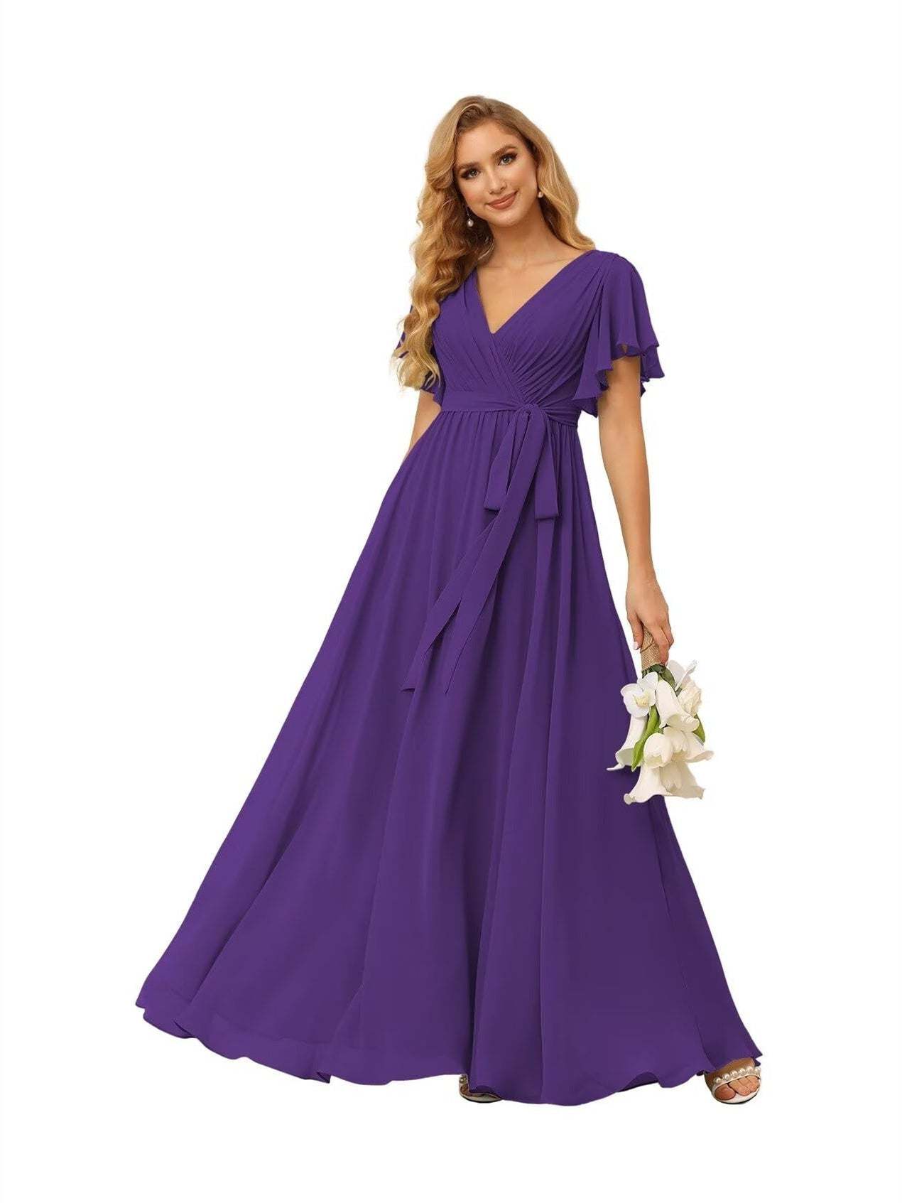 Chiffon Floor-Length A-Line Bridesmaid Dress with V Neck, Short Sleeves, and Ruffled Bows