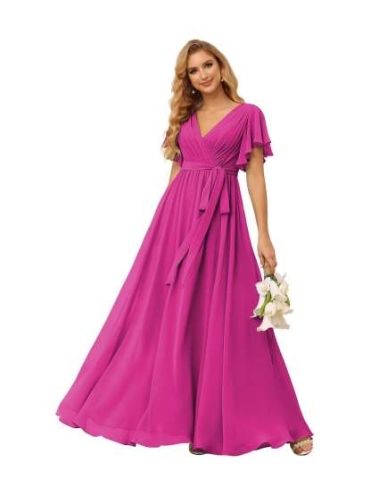 Chiffon Floor-Length A-Line Bridesmaid Dress with V Neck, Short Sleeves, and Ruffled Bows