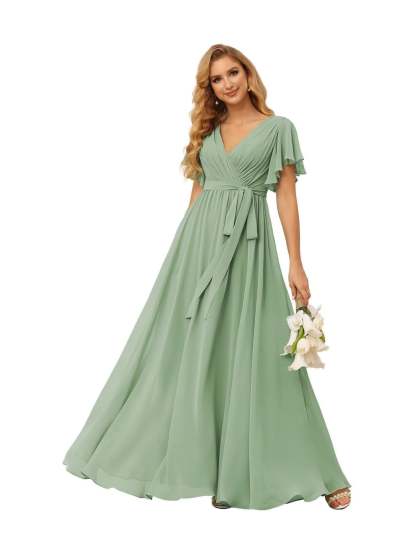 Chiffon Floor-Length A-Line Bridesmaid Dress with V Neck, Short Sleeves, and Ruffled Bows