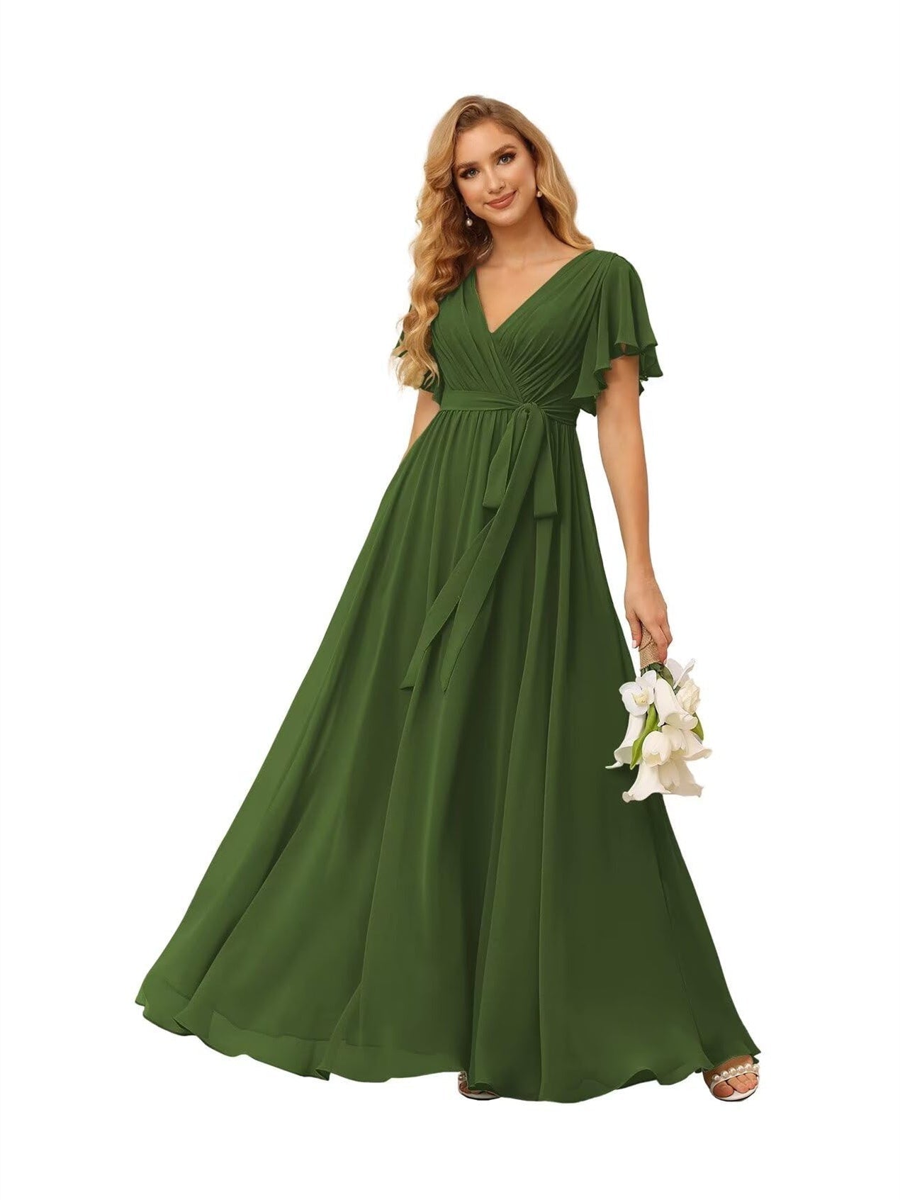 Chiffon Floor-Length A-Line Bridesmaid Dress with V Neck, Short Sleeves, and Ruffled Bows
