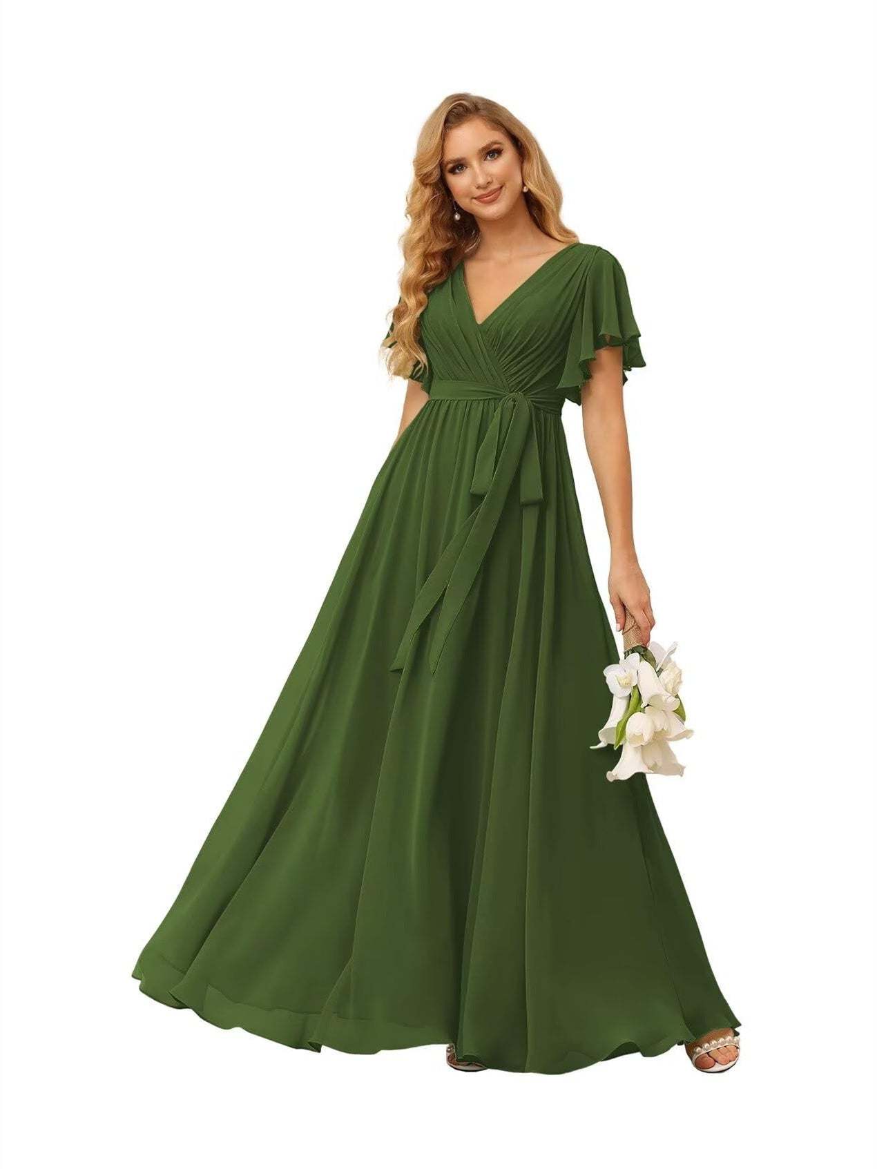 Chiffon Floor-Length A-Line Bridesmaid Dress with V Neck, Short Sleeves, and Ruffled Bows