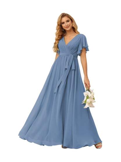 Chiffon Floor-Length A-Line Bridesmaid Dress with V Neck, Short Sleeves, and Ruffled Bows