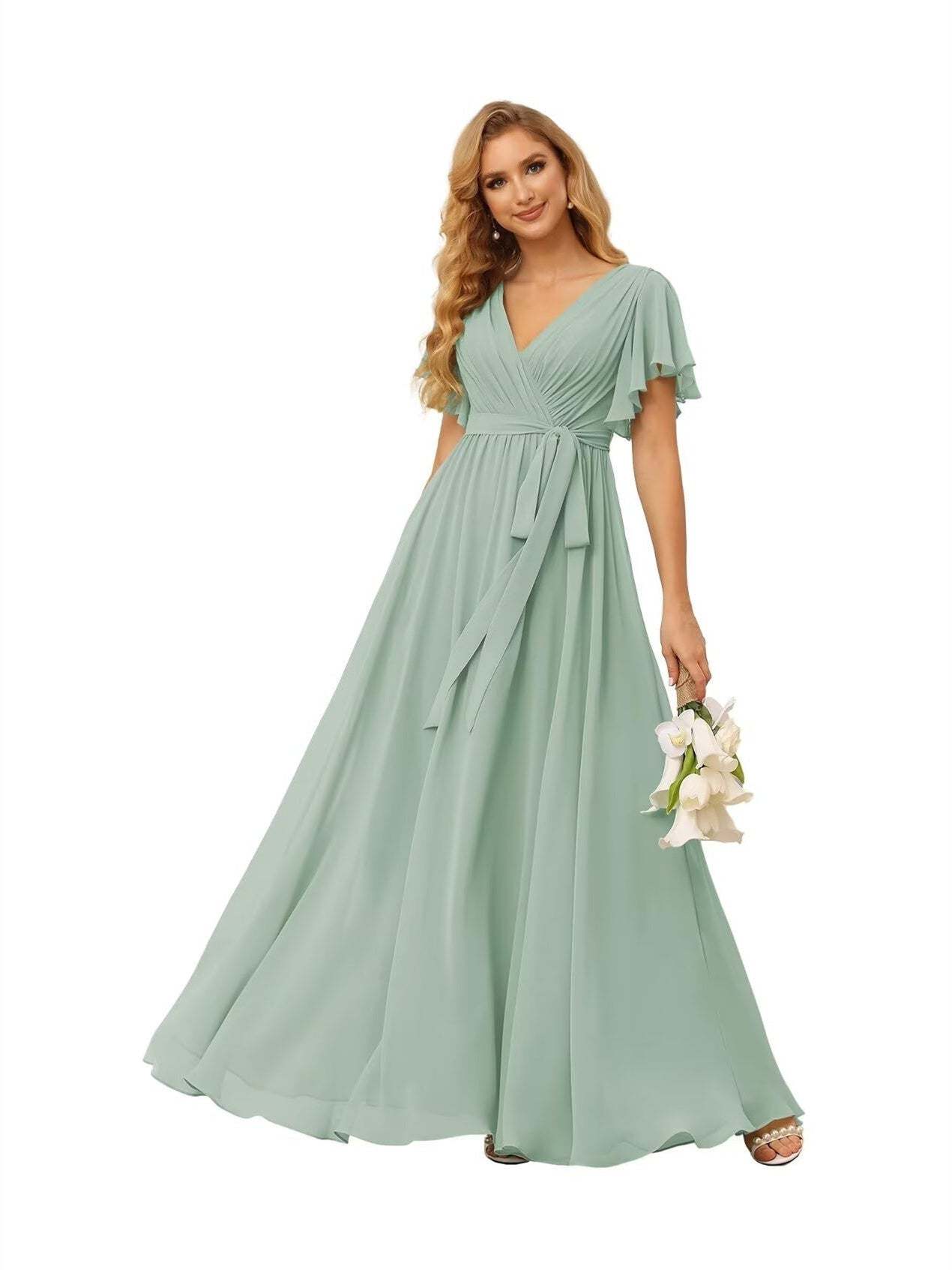 Chiffon Floor-Length A-Line Bridesmaid Dress with V Neck, Short Sleeves, and Ruffled Bows