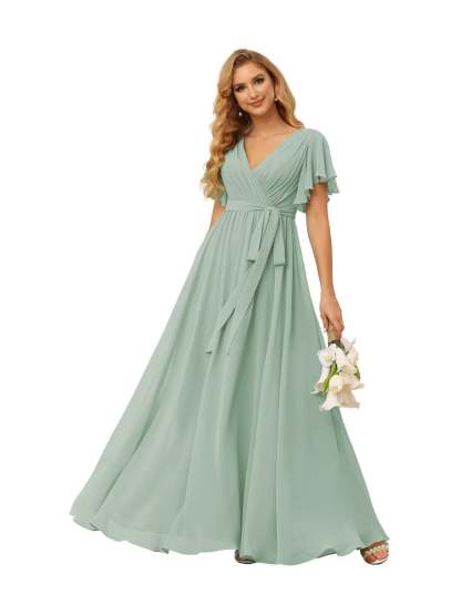 Chiffon Floor-Length A-Line Bridesmaid Dress with V Neck, Short Sleeves, and Ruffled Bows
