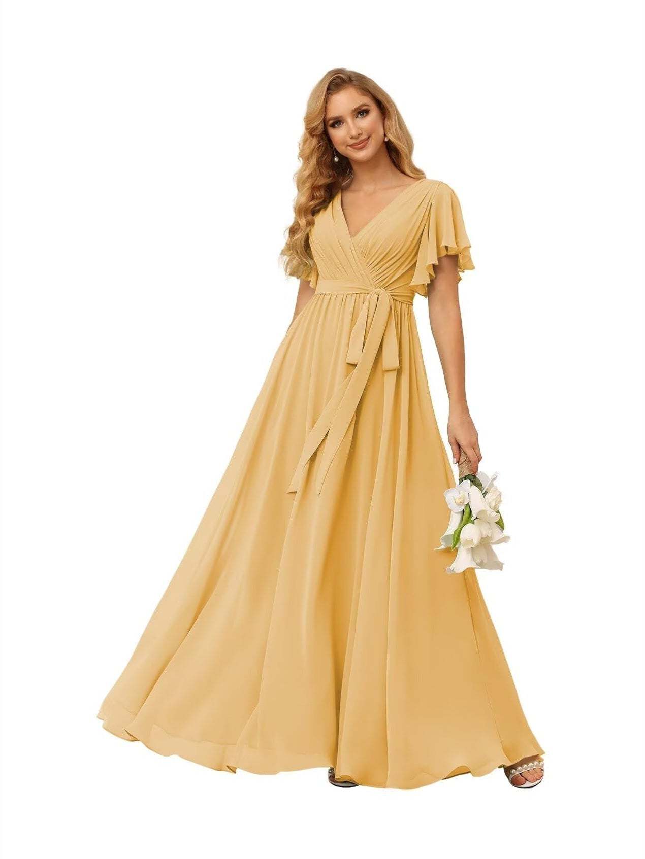 Chiffon Floor-Length A-Line Bridesmaid Dress with V Neck, Short Sleeves, and Ruffled Bows