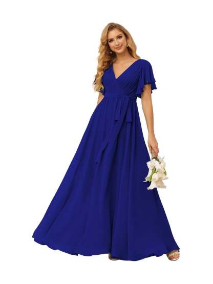 Chiffon Floor-Length A-Line Bridesmaid Dress with V Neck, Short Sleeves, and Ruffled Bows