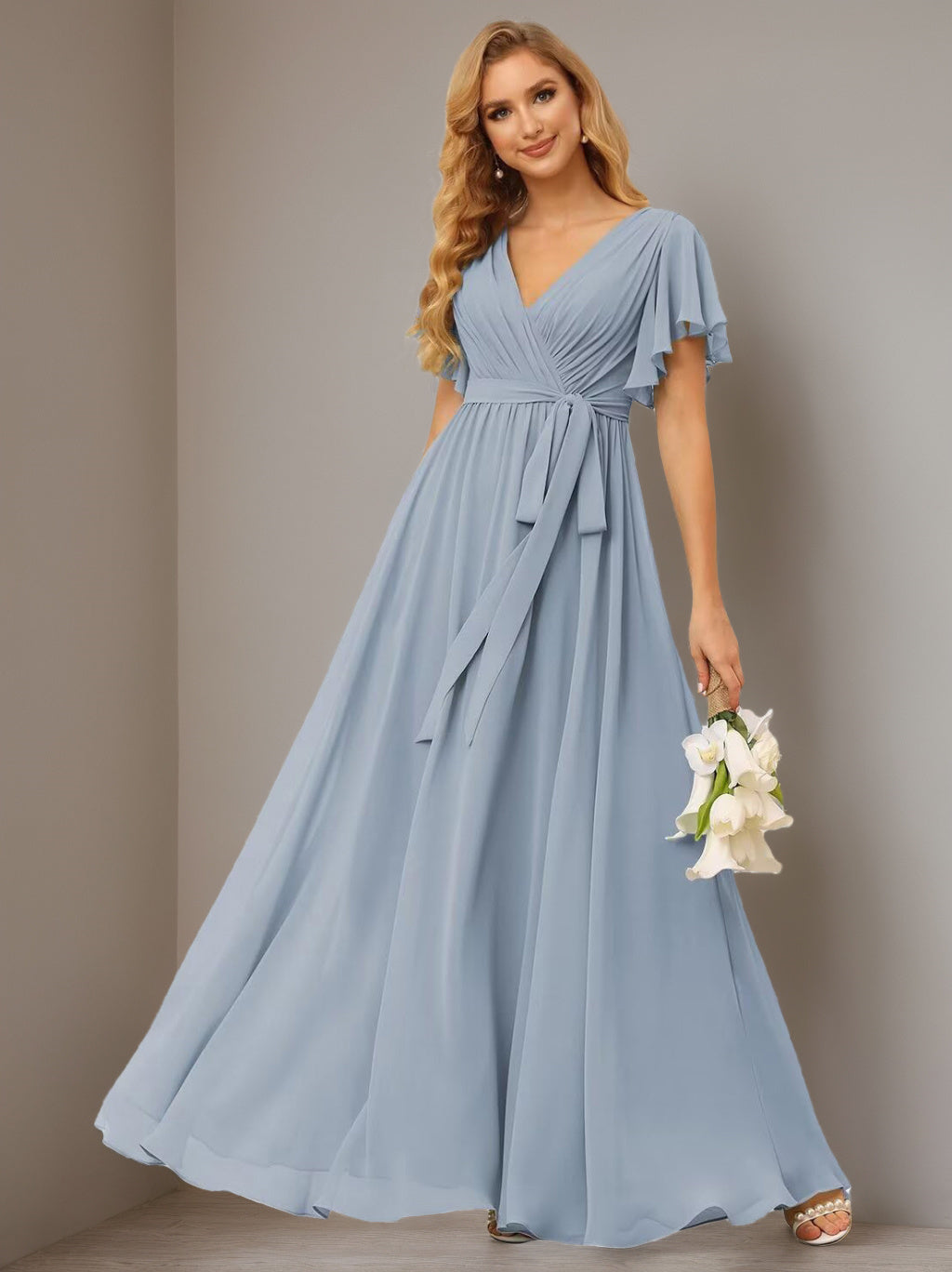 Chiffon Floor-Length A-Line Bridesmaid Dress with V Neck, Short Sleeves, and Ruffled Bows