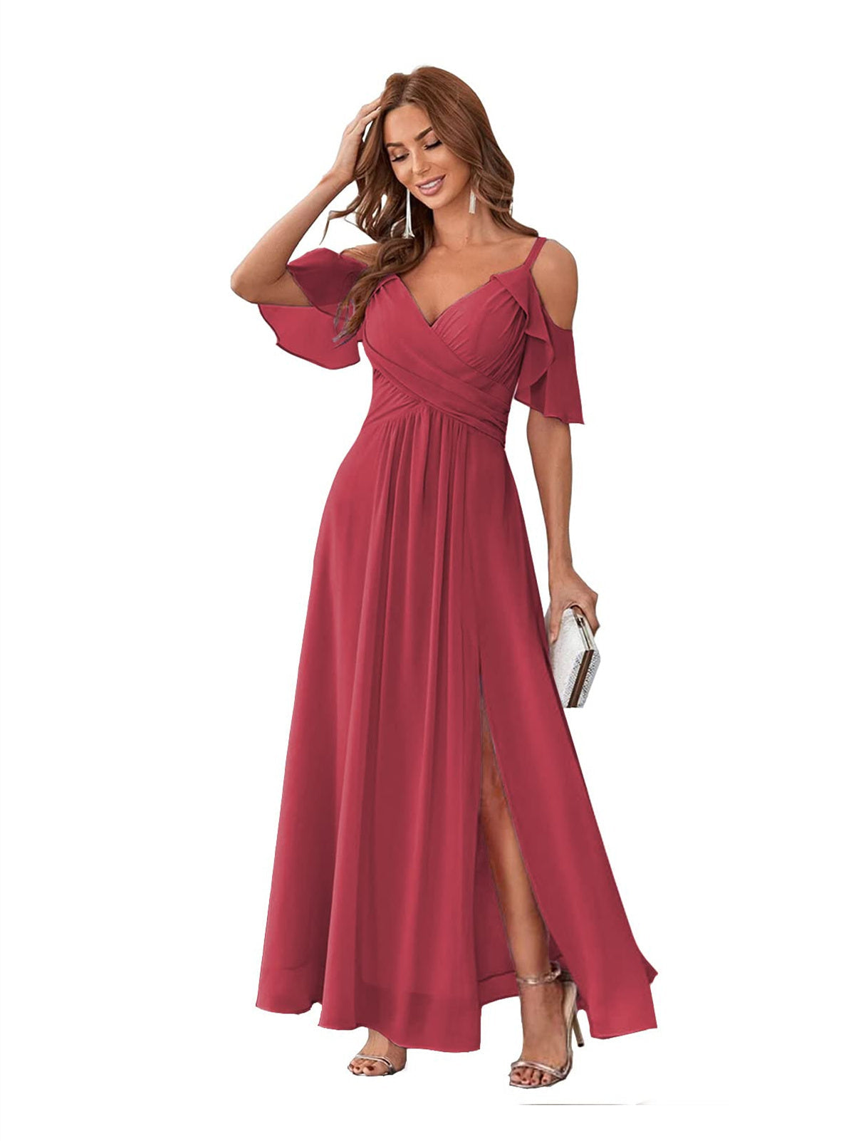 Princess A-Line V-Neck Chiffon Bridesmaid Dress with Ruffles, Spaghetti Straps, and Bow(s)