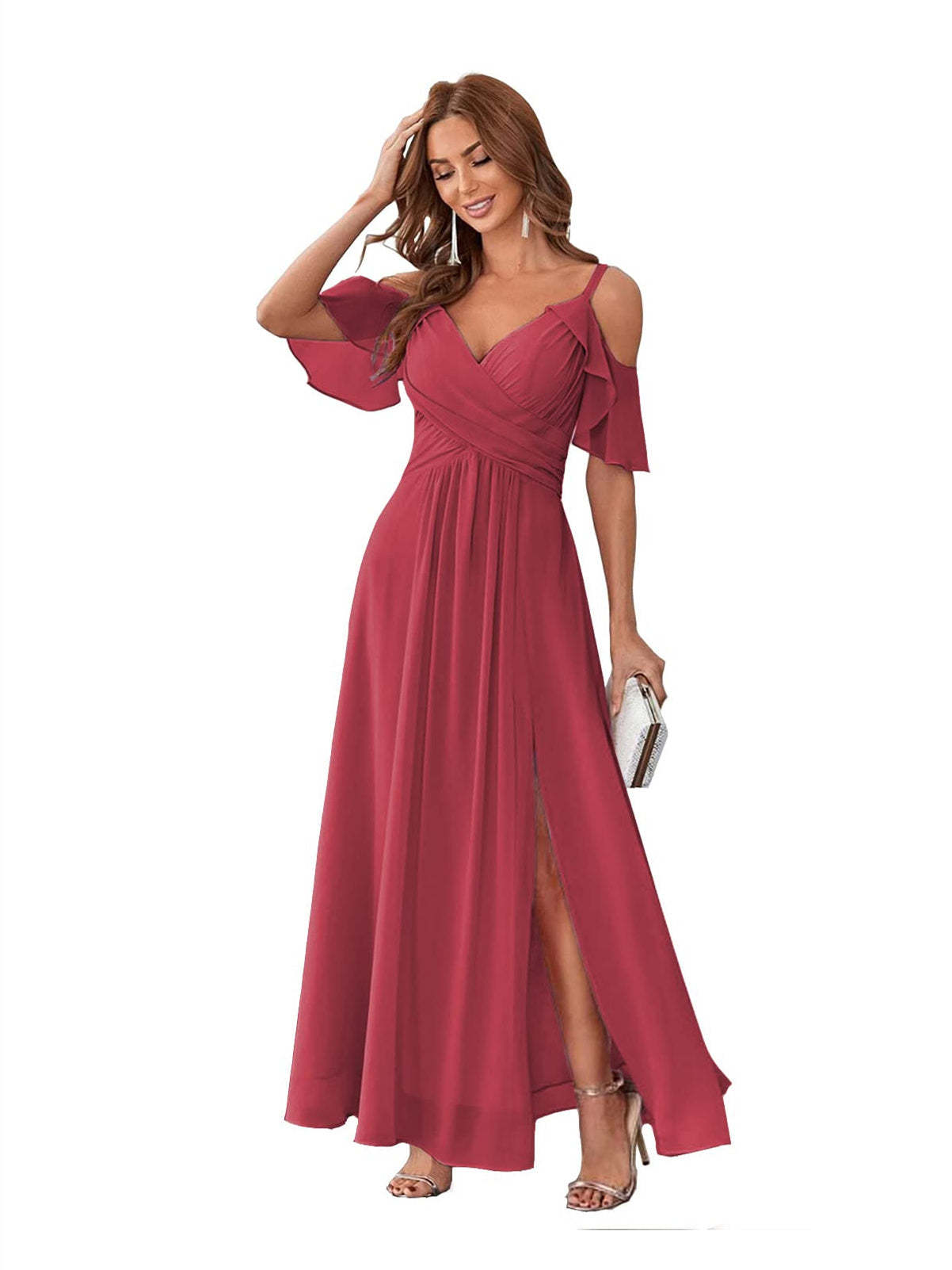 Princess A-Line V-Neck Chiffon Bridesmaid Dress with Ruffles, Spaghetti Straps, and Bow(s)