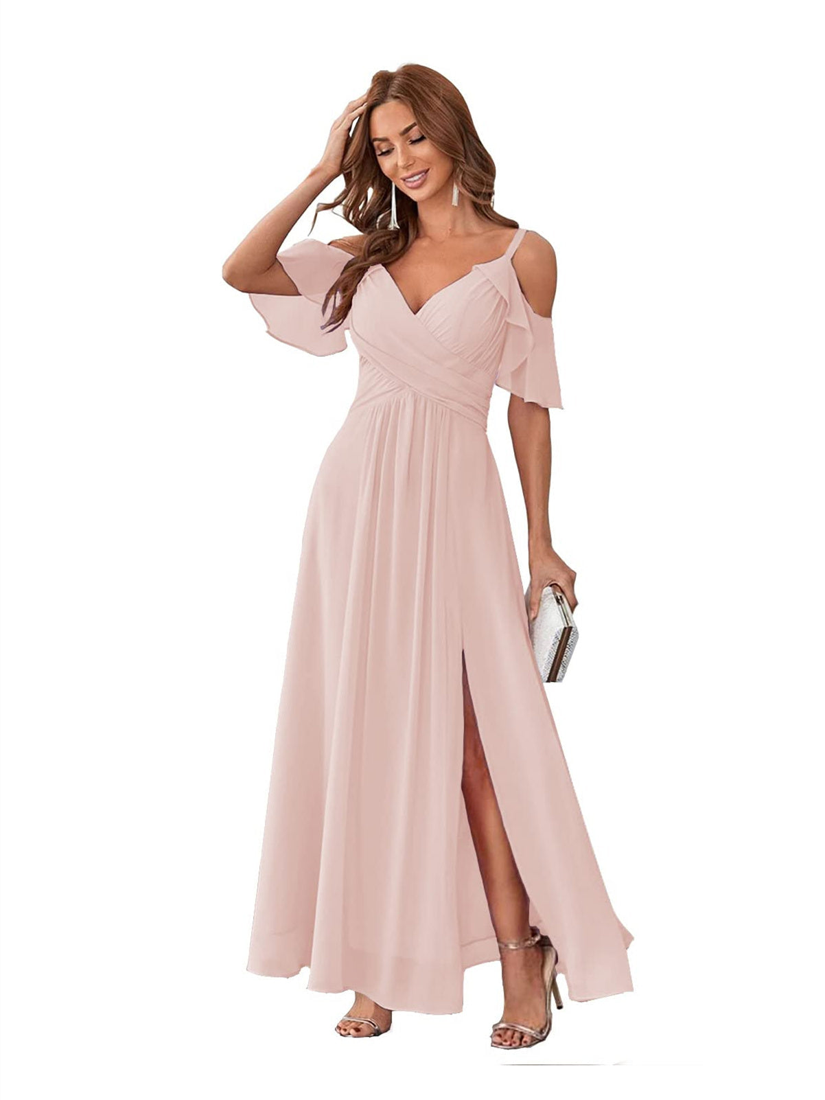 Princess A-Line V-Neck Chiffon Bridesmaid Dress with Ruffles, Spaghetti Straps, and Bow(s)