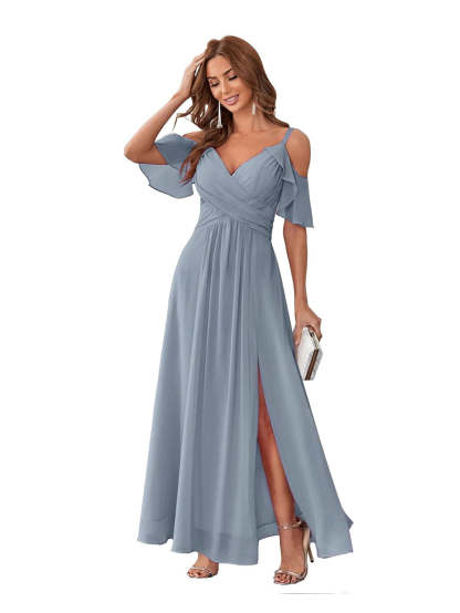 Princess A-Line V-Neck Chiffon Bridesmaid Dress with Ruffles, Spaghetti Straps, and Bow(s)