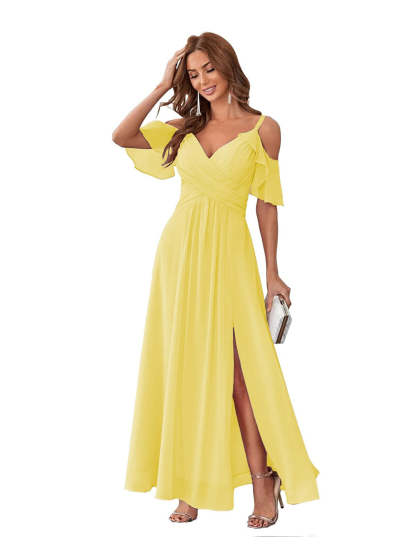 Princess A-Line V-Neck Chiffon Bridesmaid Dress with Ruffles, Spaghetti Straps, and Bow(s)