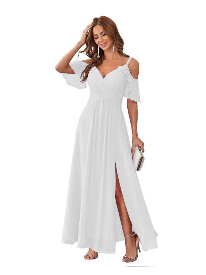 Princess A-Line V-Neck Chiffon Bridesmaid Dress with Ruffles, Spaghetti Straps, and Bow(s)