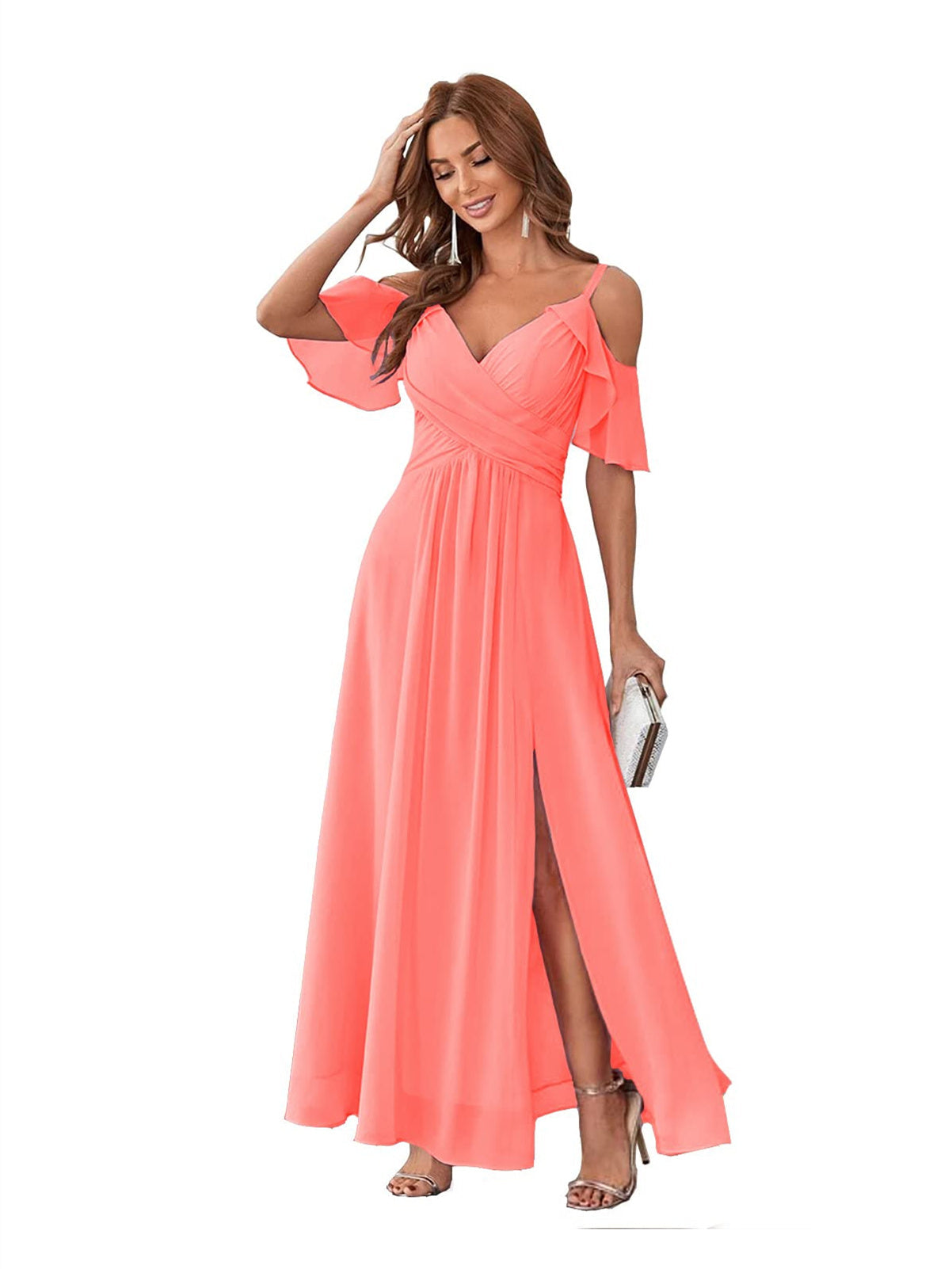 Princess A-Line V-Neck Chiffon Bridesmaid Dress with Ruffles, Spaghetti Straps, and Bow(s)
