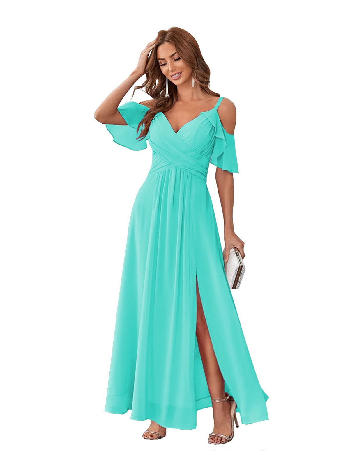 Princess A-Line V-Neck Chiffon Bridesmaid Dress with Ruffles, Spaghetti Straps, and Bow(s)