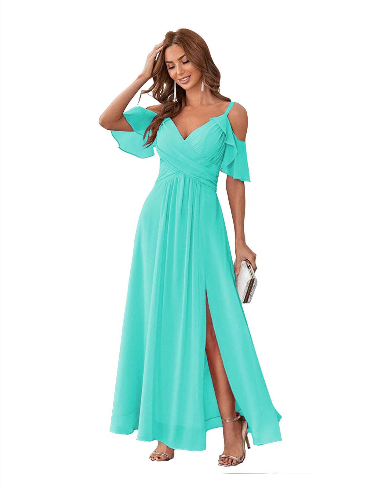 Princess A-Line V-Neck Chiffon Bridesmaid Dress with Ruffles, Spaghetti Straps, and Bow(s)