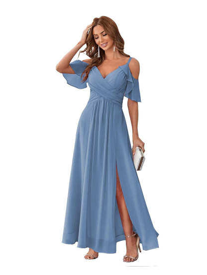 Princess A-Line V-Neck Chiffon Bridesmaid Dress with Ruffles, Spaghetti Straps, and Bow(s)