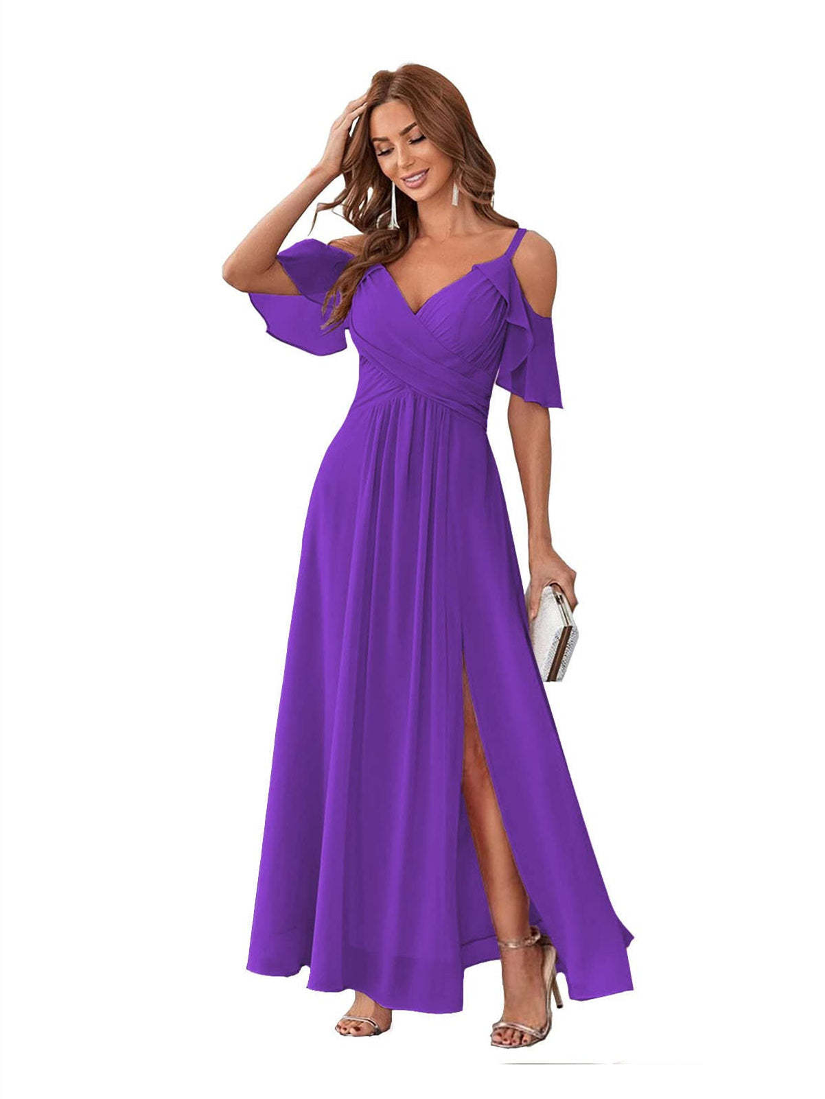 Princess A-Line V-Neck Chiffon Bridesmaid Dress with Ruffles, Spaghetti Straps, and Bow(s)