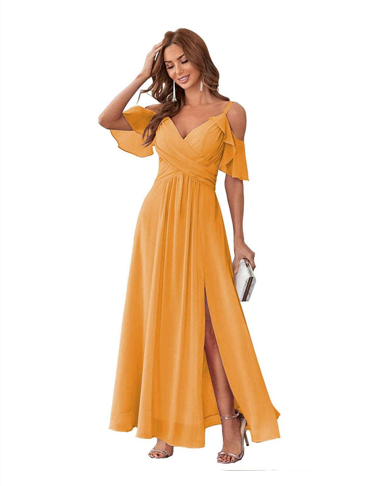 Princess A-Line V-Neck Chiffon Bridesmaid Dress with Ruffles, Spaghetti Straps, and Bow(s)