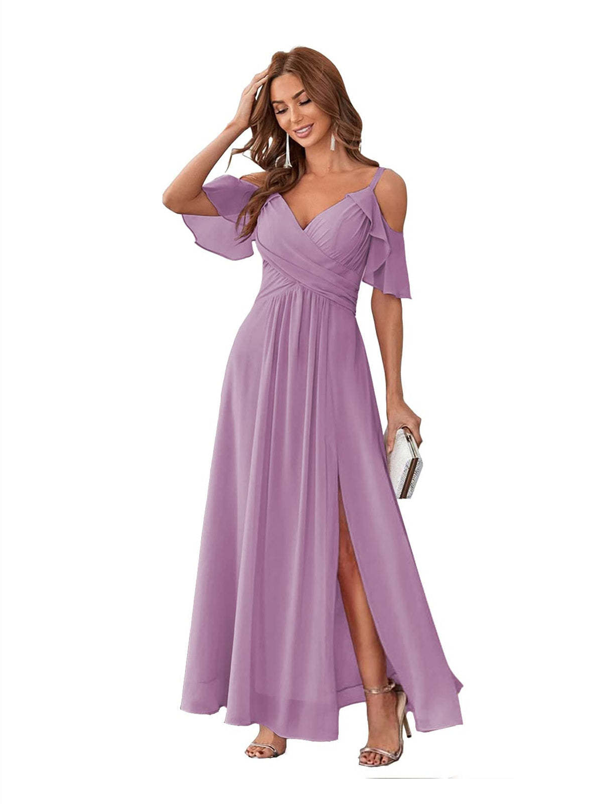 Princess A-Line V-Neck Chiffon Bridesmaid Dress with Ruffles, Spaghetti Straps, and Bow(s)