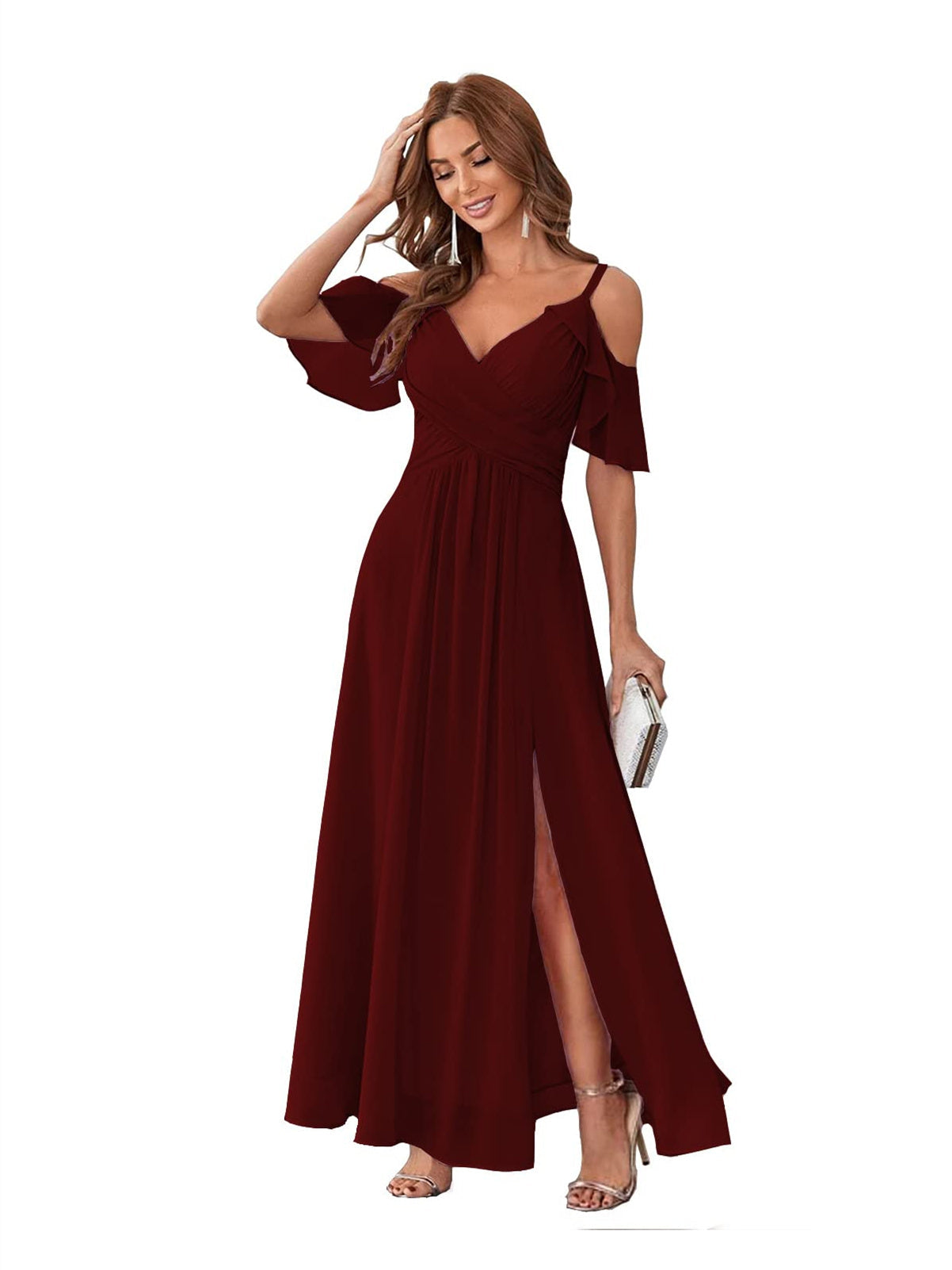 Princess A-Line V-Neck Chiffon Bridesmaid Dress with Ruffles, Spaghetti Straps, and Bow(s)