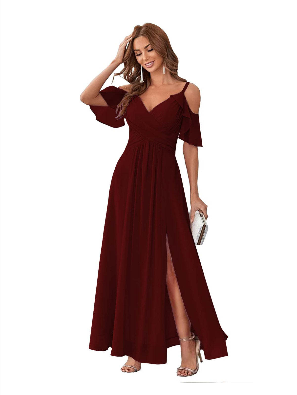 Princess A-Line V-Neck Chiffon Bridesmaid Dress with Ruffles, Spaghetti Straps, and Bow(s)