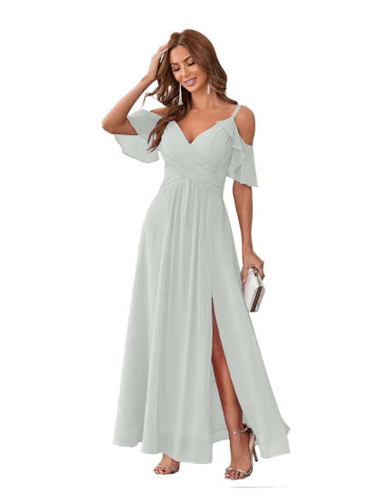 Princess A-Line V-Neck Chiffon Bridesmaid Dress with Ruffles, Spaghetti Straps, and Bow(s)