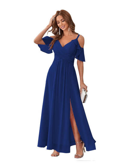 Princess A-Line V-Neck Chiffon Bridesmaid Dress with Ruffles, Spaghetti Straps, and Bow(s)