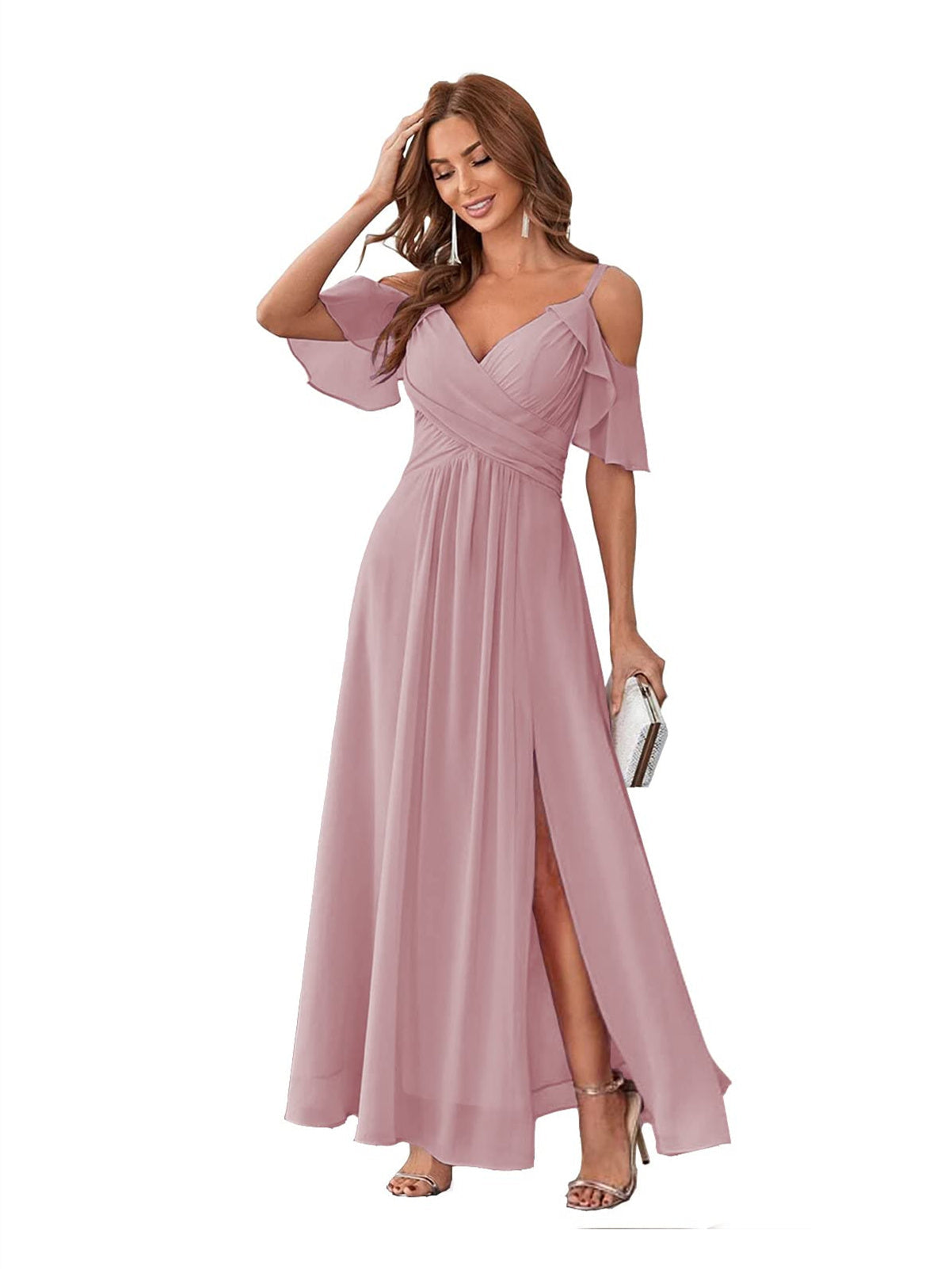 Princess A-Line V-Neck Chiffon Bridesmaid Dress with Ruffles, Spaghetti Straps, and Bow(s)