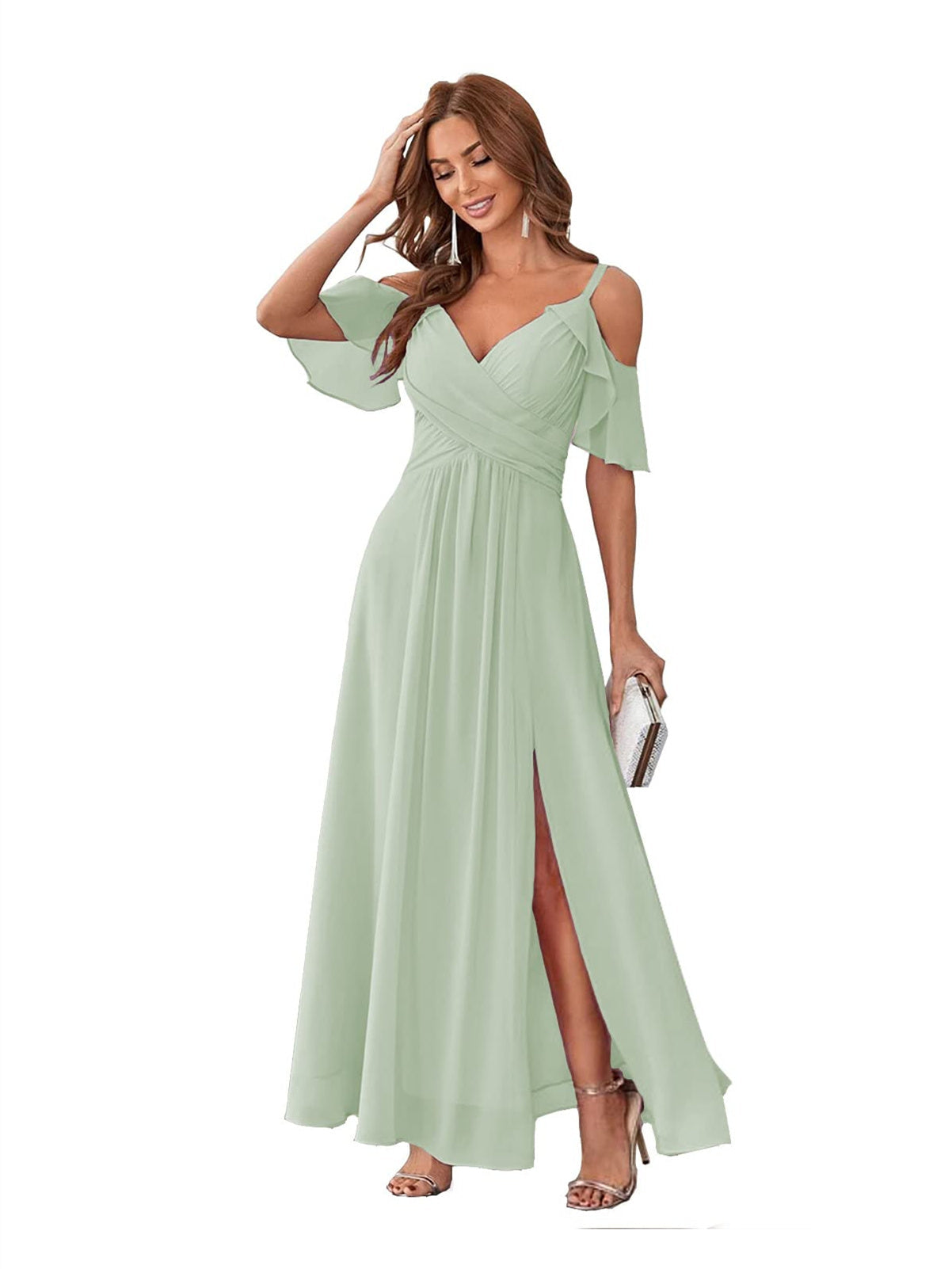 Princess A-Line V-Neck Chiffon Bridesmaid Dress with Ruffles, Spaghetti Straps, and Bow(s)