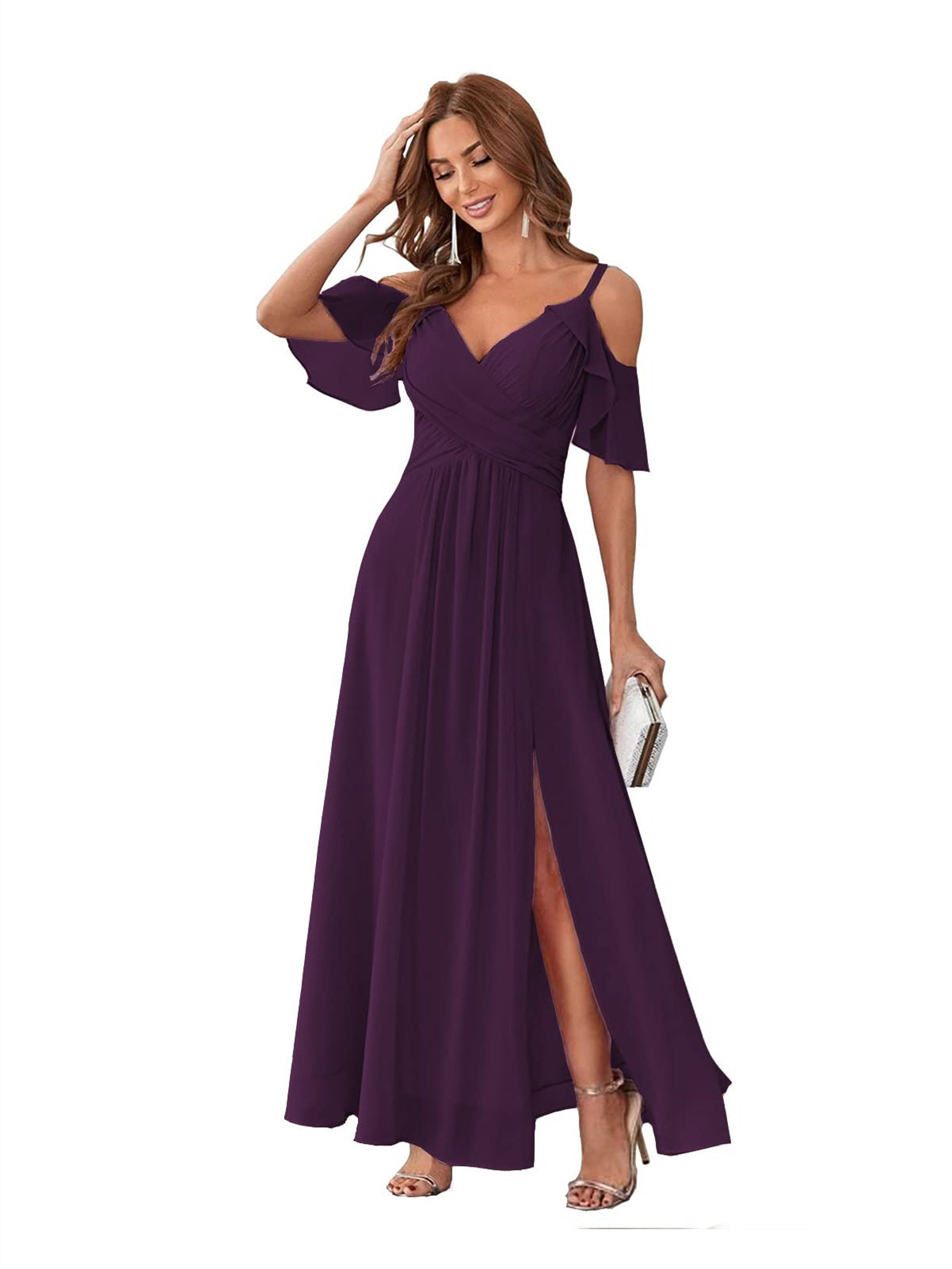 Princess A-Line V-Neck Chiffon Bridesmaid Dress with Ruffles, Spaghetti Straps, and Bow(s)
