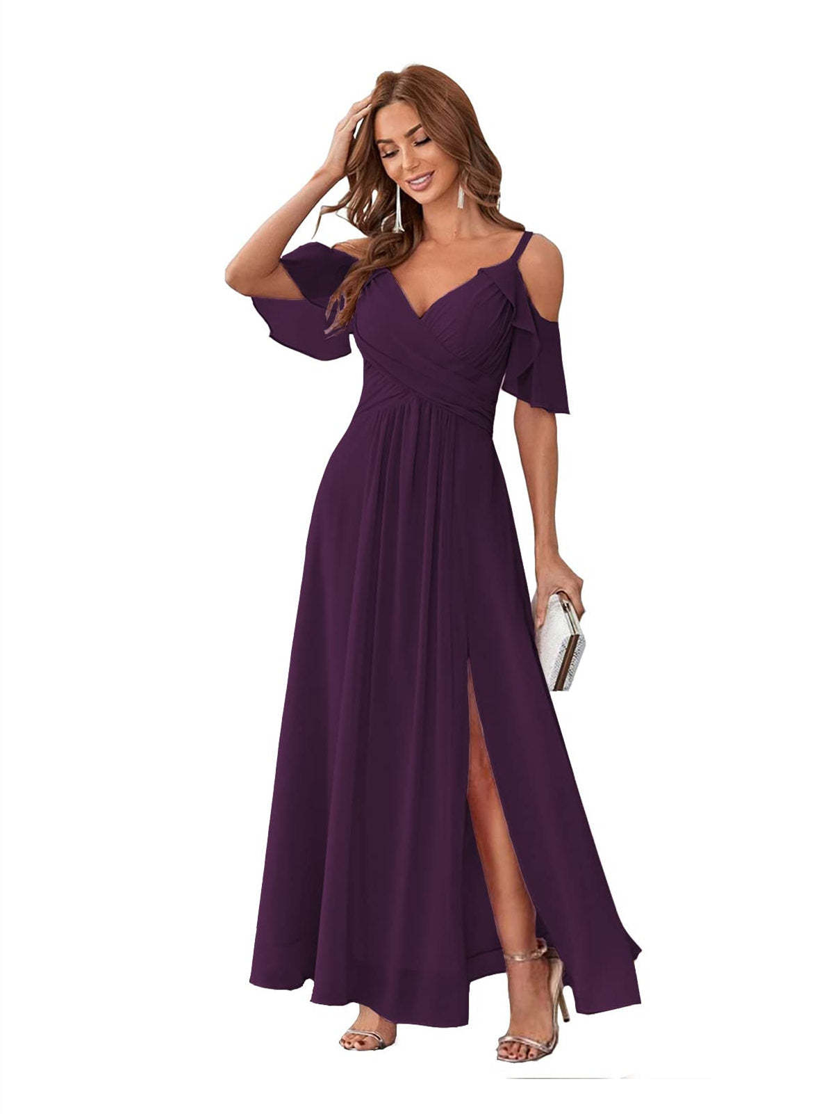 Princess A-Line V-Neck Chiffon Bridesmaid Dress with Ruffles, Spaghetti Straps, and Bow(s)