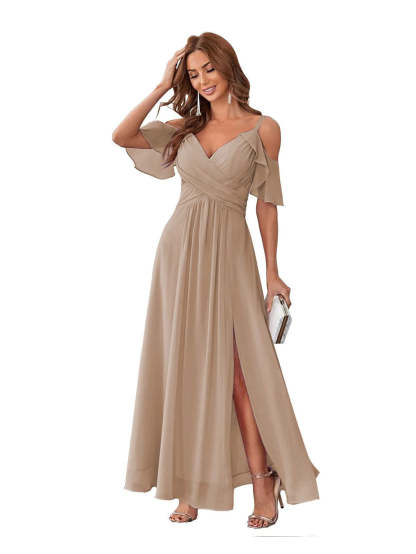 Princess A-Line V-Neck Chiffon Bridesmaid Dress with Ruffles, Spaghetti Straps, and Bow(s)