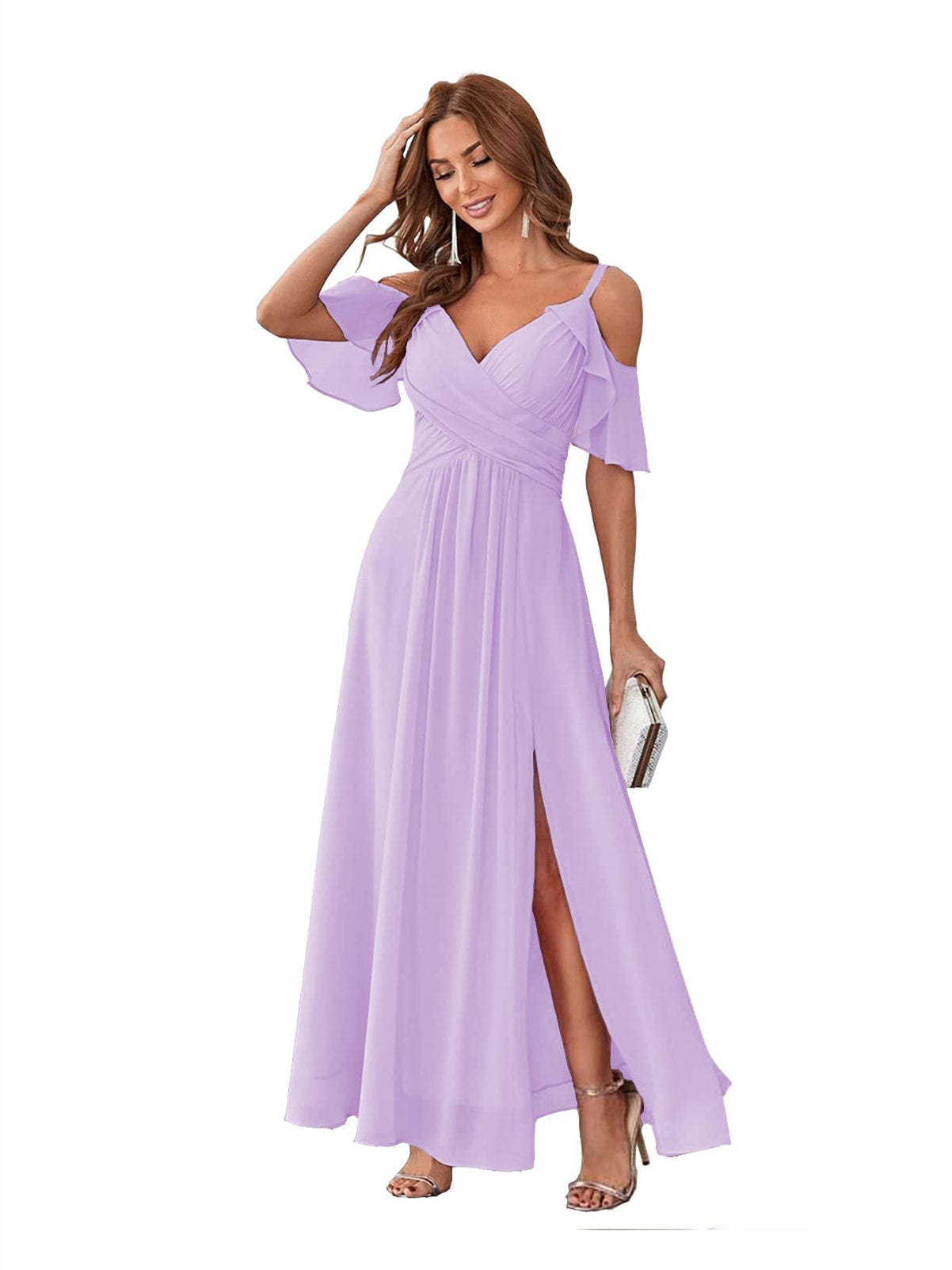 Princess A-Line V-Neck Chiffon Bridesmaid Dress with Ruffles, Spaghetti Straps, and Bow(s)