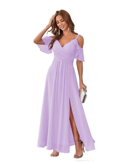 Princess A-Line V-Neck Chiffon Bridesmaid Dress with Ruffles, Spaghetti Straps, and Bow(s)