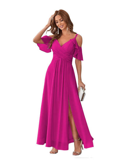 Princess A-Line V-Neck Chiffon Bridesmaid Dress with Ruffles, Spaghetti Straps, and Bow(s)