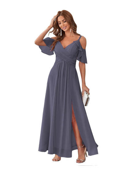 Princess A-Line V-Neck Chiffon Bridesmaid Dress with Ruffles, Spaghetti Straps, and Bow(s)