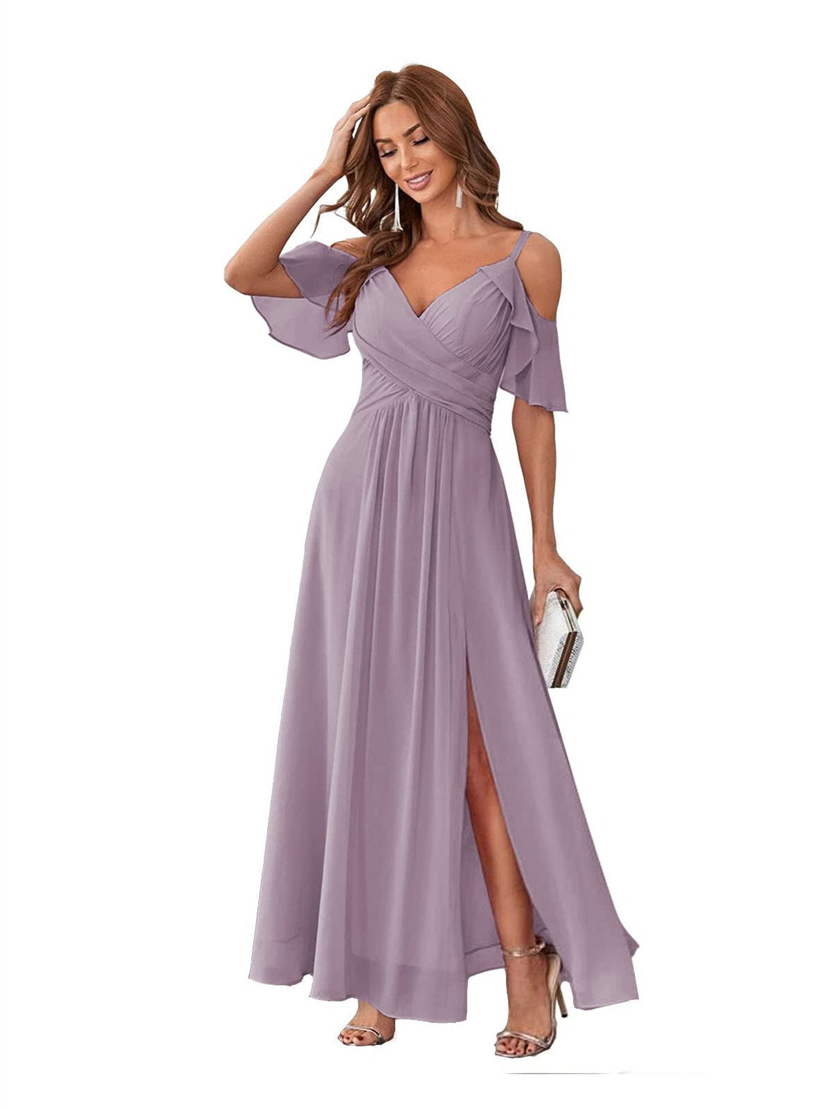 Princess A-Line V-Neck Chiffon Bridesmaid Dress with Ruffles, Spaghetti Straps, and Bow(s)
