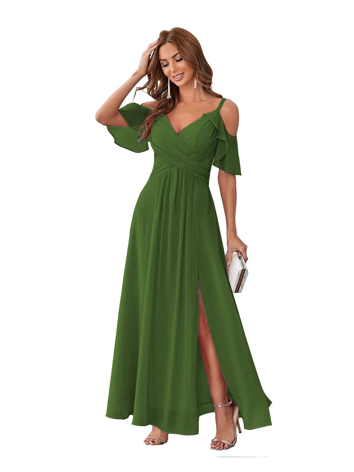 Princess A-Line V-Neck Chiffon Bridesmaid Dress with Ruffles, Spaghetti Straps, and Bow(s)