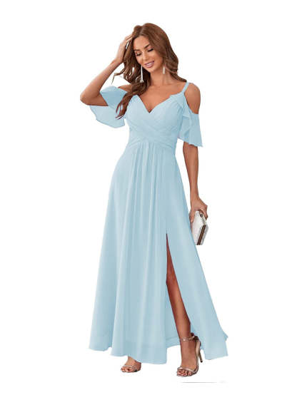 Princess A-Line V-Neck Chiffon Bridesmaid Dress with Ruffles, Spaghetti Straps, and Bow(s)