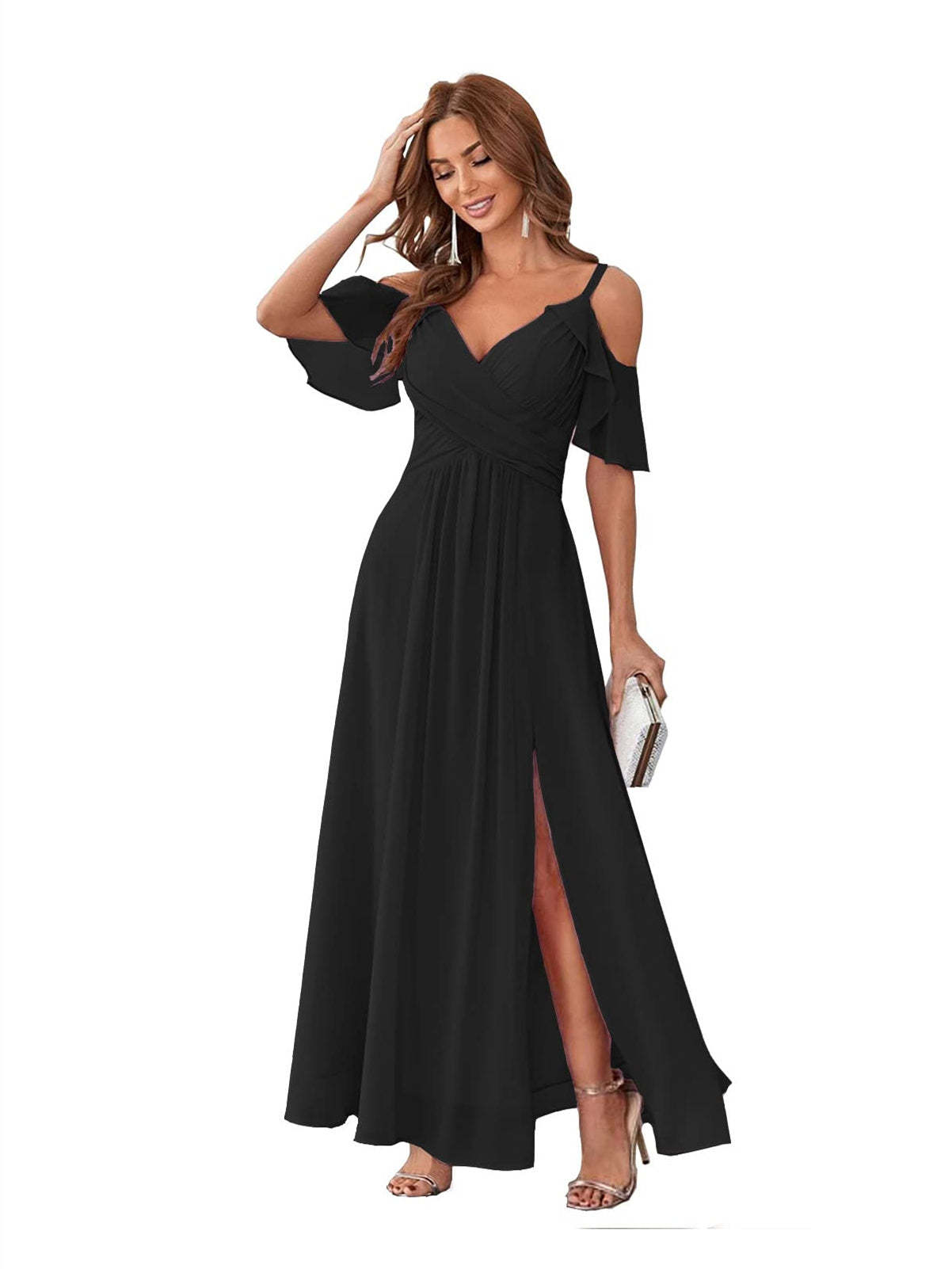 Princess A-Line V-Neck Chiffon Bridesmaid Dress with Ruffles, Spaghetti Straps, and Bow(s)