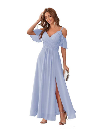 Princess A-Line V-Neck Chiffon Bridesmaid Dress with Ruffles, Spaghetti Straps, and Bow(s)