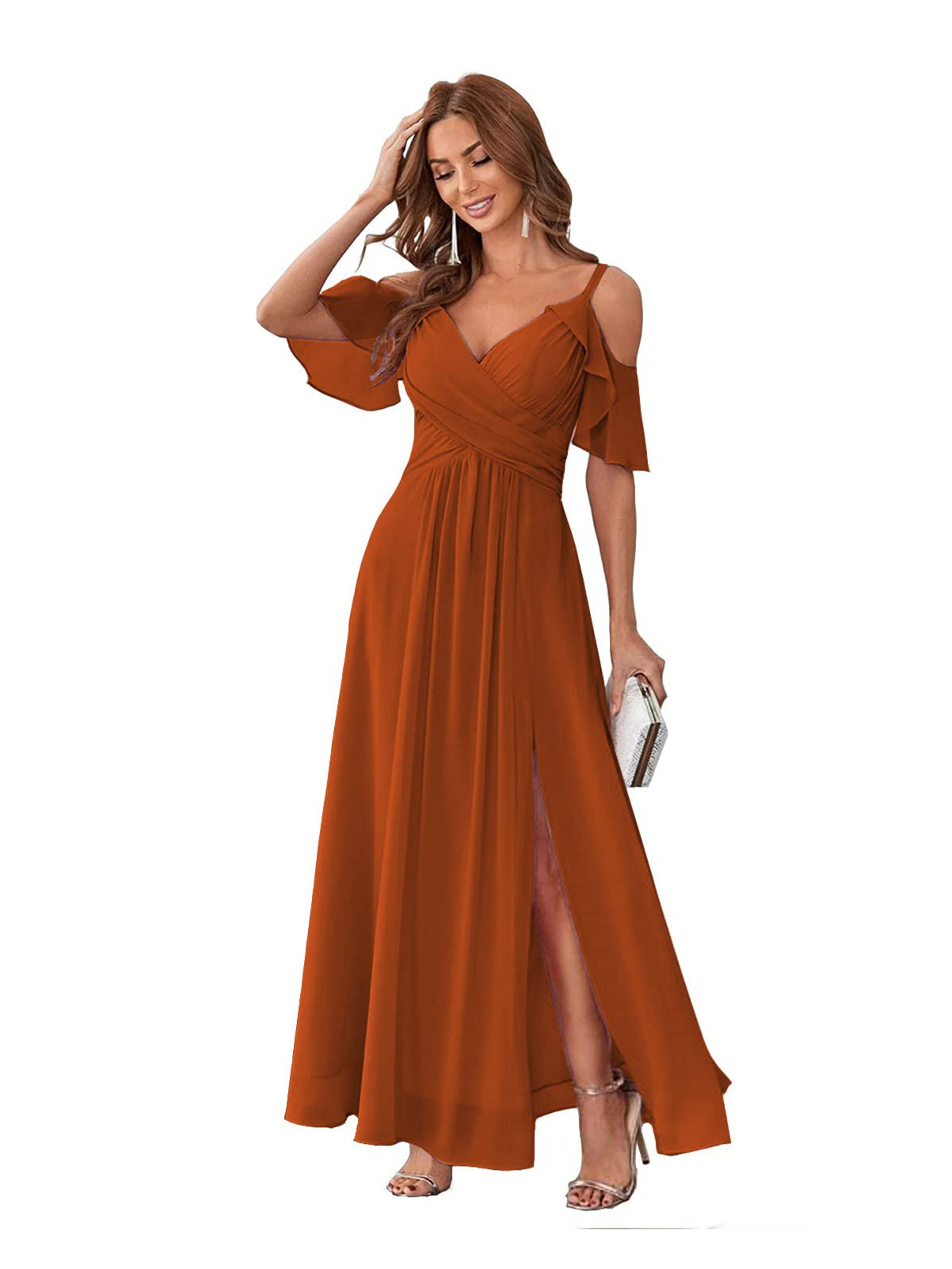 Princess A-Line V-Neck Chiffon Bridesmaid Dress with Ruffles, Spaghetti Straps, and Bow(s)