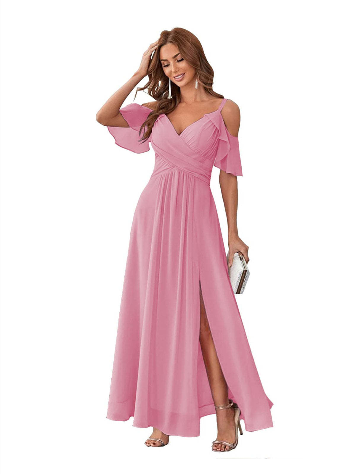 Princess A-Line V-Neck Chiffon Bridesmaid Dress with Ruffles, Spaghetti Straps, and Bow(s)