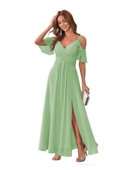 Princess A-Line V-Neck Chiffon Bridesmaid Dress with Ruffles, Spaghetti Straps, and Bow(s)