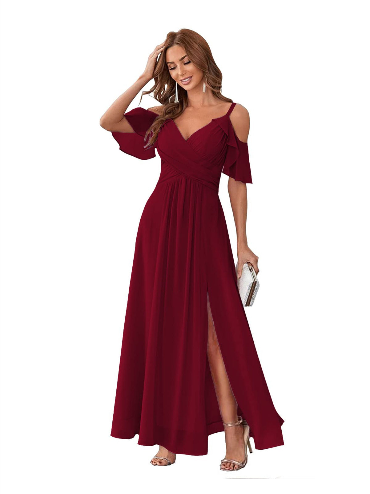 Princess A-Line V-Neck Chiffon Bridesmaid Dress with Ruffles, Spaghetti Straps, and Bow(s)